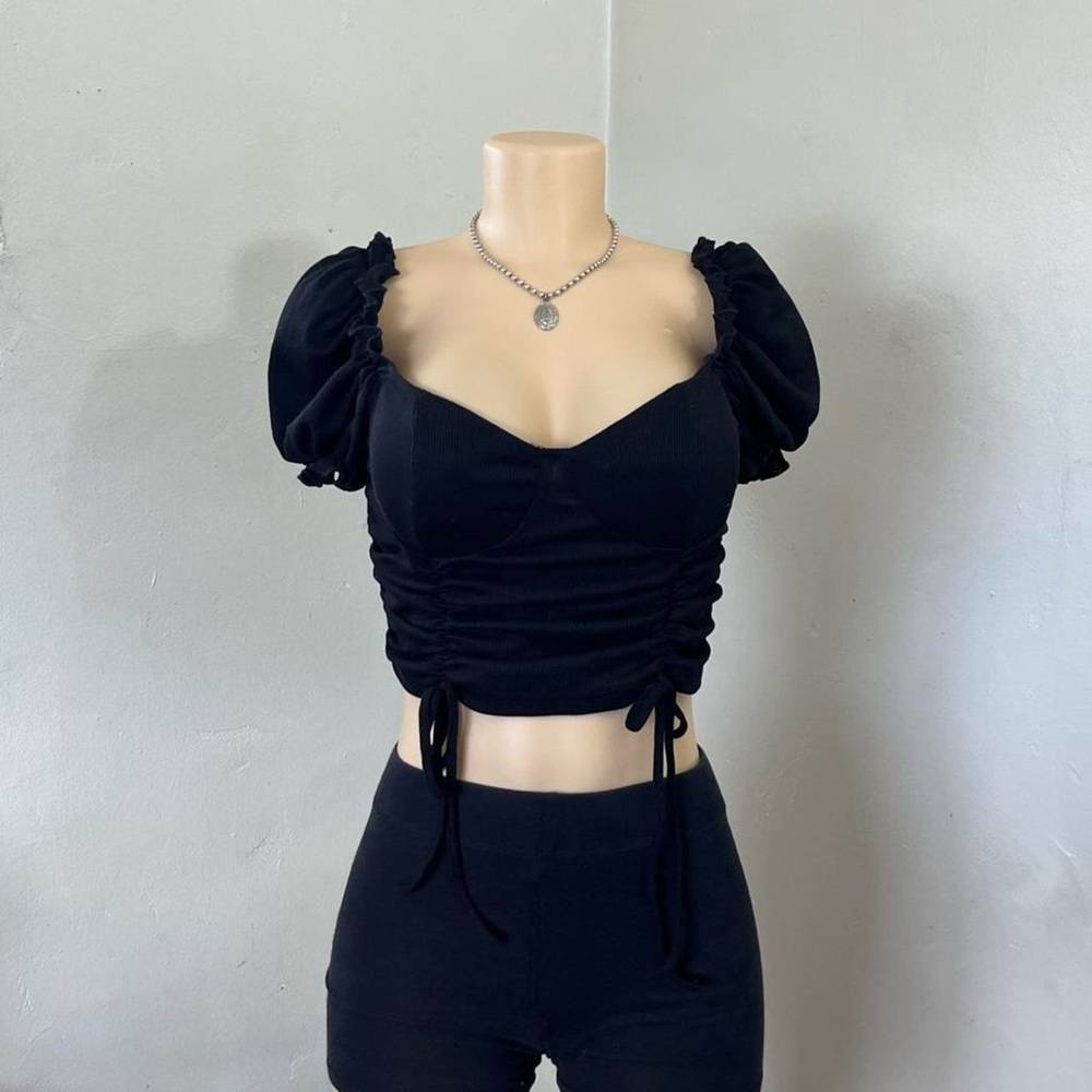 Black Ruched Puff Sleeve Top
